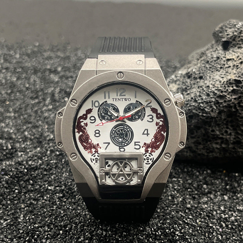 Men’s 46mm Dual Display Quartz Watch – Tonneau Dial Silicone Casual Sport Wristwatch – Multi-Color