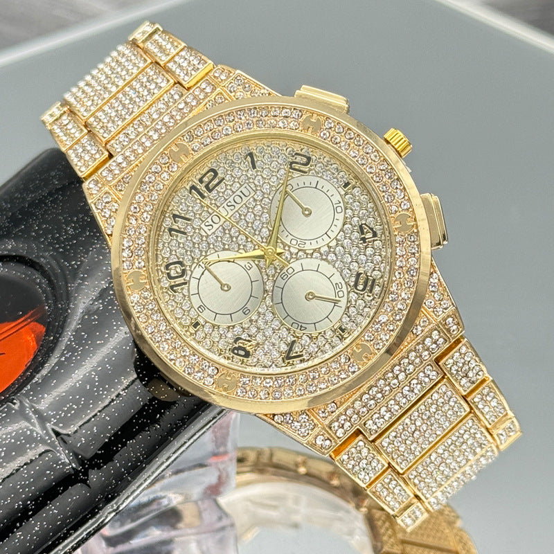 Gold Iced-Out Decorative Quartz Watch – 37mm Round Dial