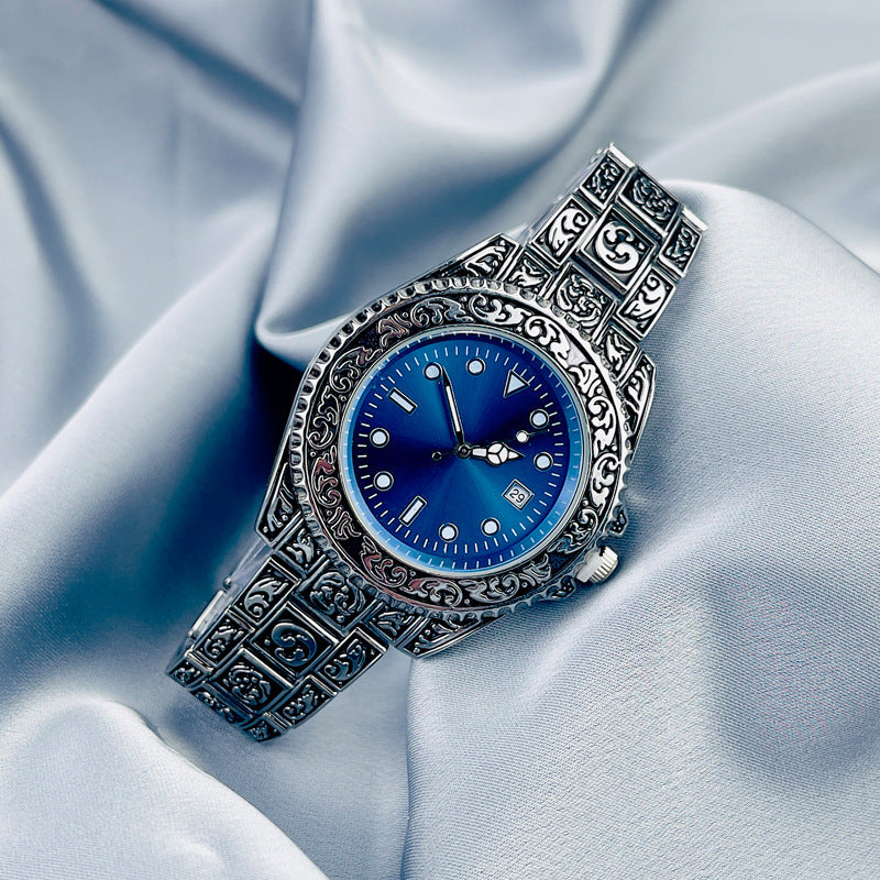 Vintage Gold Engraved Quartz Watch with Date – 43mm Men’s Watch