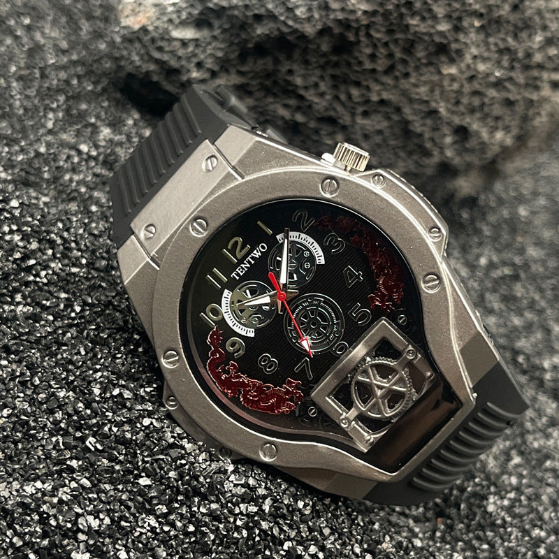 Men’s 46mm Dual Display Quartz Watch – Tonneau Dial Silicone Casual Sport Wristwatch – Multi-Color