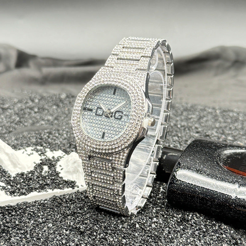 Gold Iced-Out Square Quartz Couple Watch with Date – 38mm