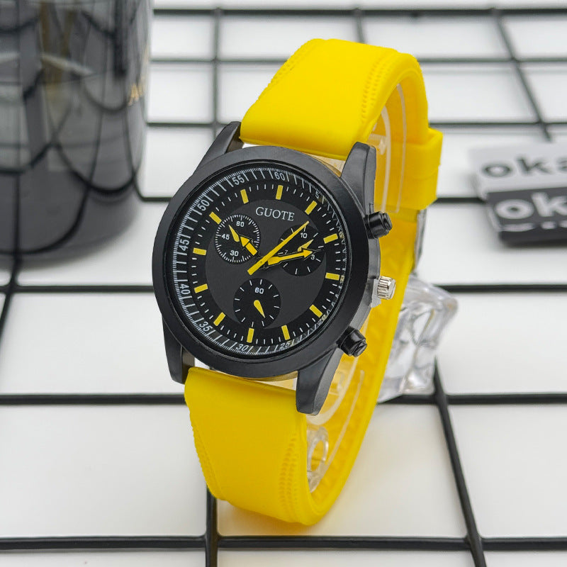 Sport Style Black & Yellow Quartz Watch with Silicone Strap – 42mm