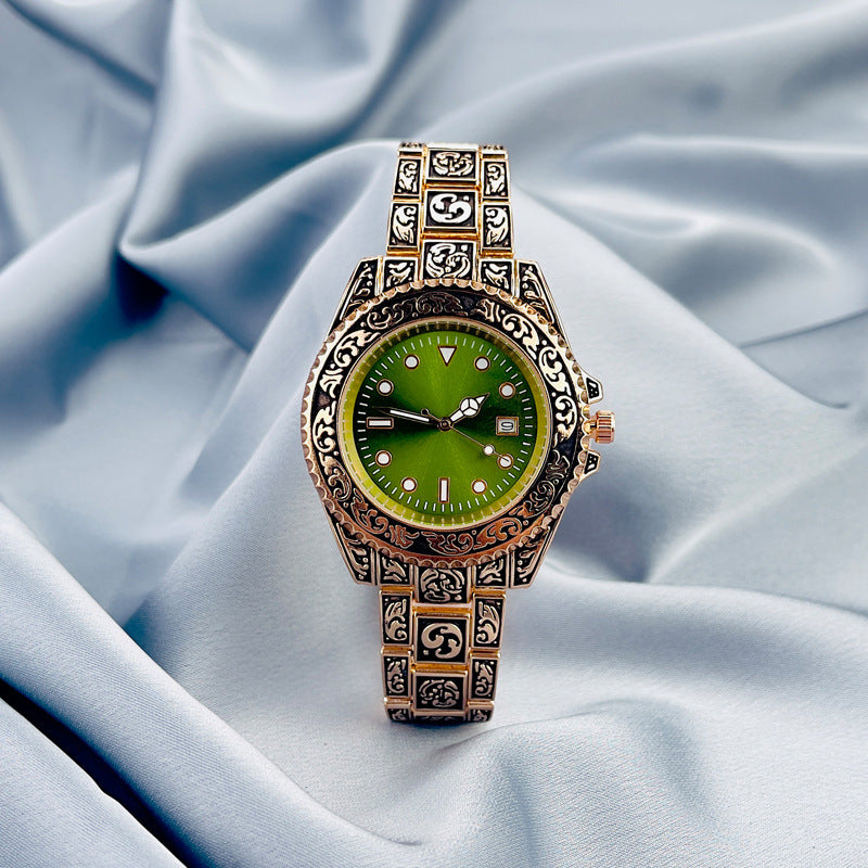 Vintage Gold Engraved Quartz Watch with Date – 43mm Men’s Watch