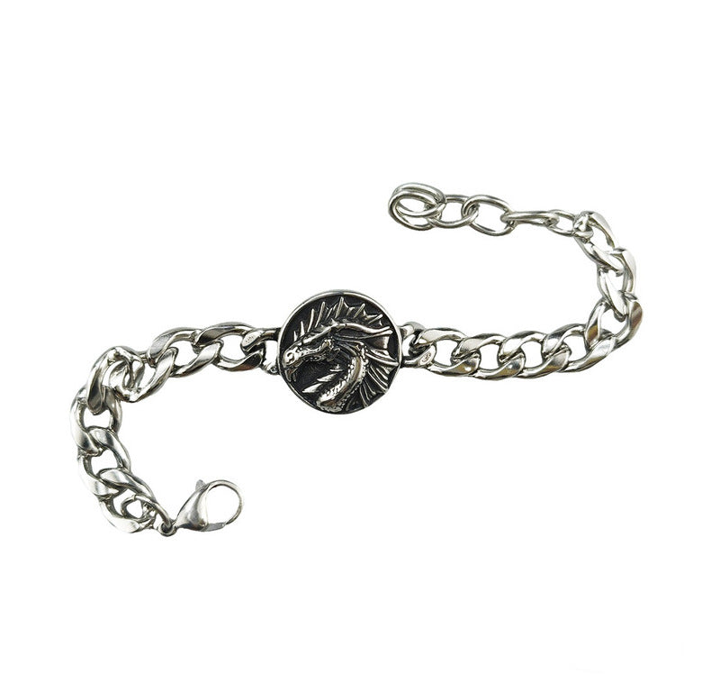 Hip-Hop Stainless Steel Retro Punk Skull Dragon Pattern Round Plate Sports Men's Bracelet Accessories Wholesale