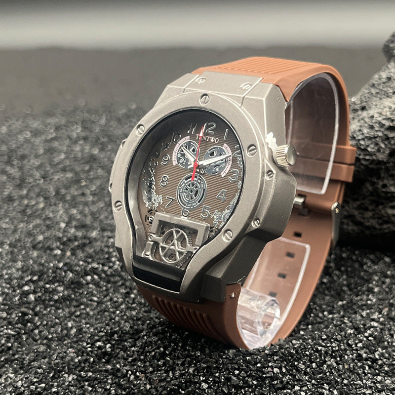 Men’s 46mm Dual Display Quartz Watch – Tonneau Dial Silicone Casual Sport Wristwatch – Multi-Color