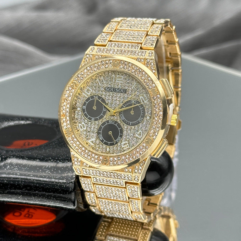 Gold Iced-Out Decorative Quartz Watch – 37mm Round Dial