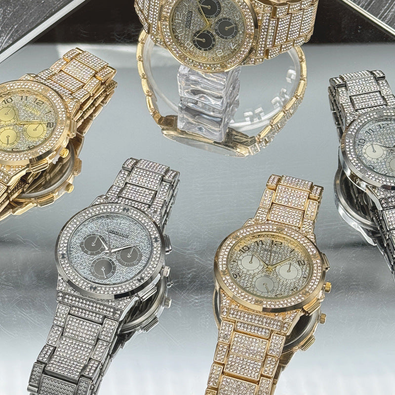 Gold Iced-Out Decorative Quartz Watch – 37mm Round Dial