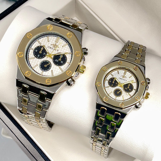 Silver Stainless Steel Quartz Couple Watch Set – 40mm/30mm