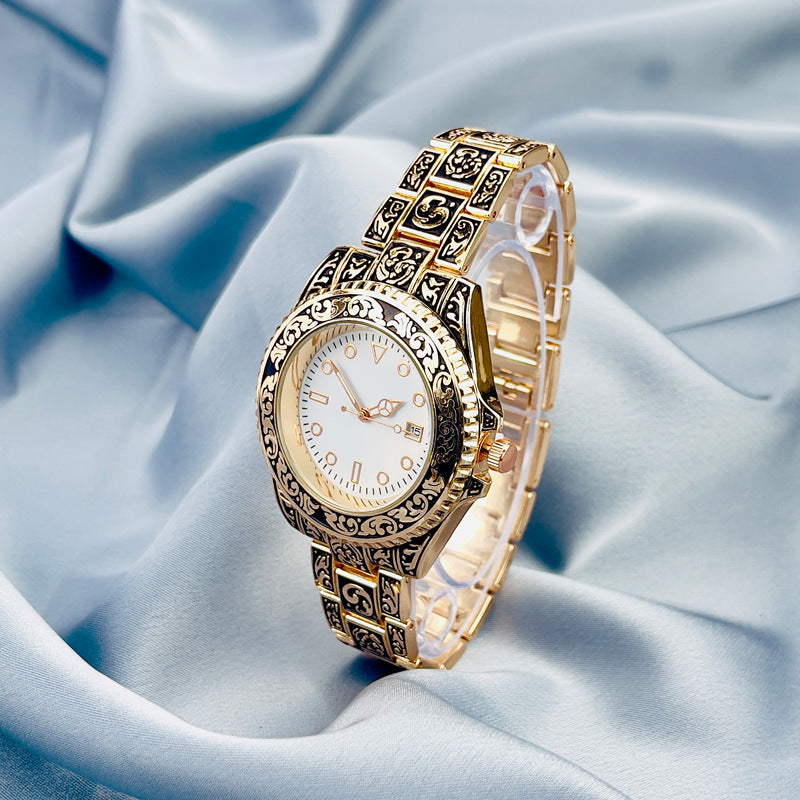 Vintage Gold Engraved Quartz Watch with Date – 43mm Men’s Watch