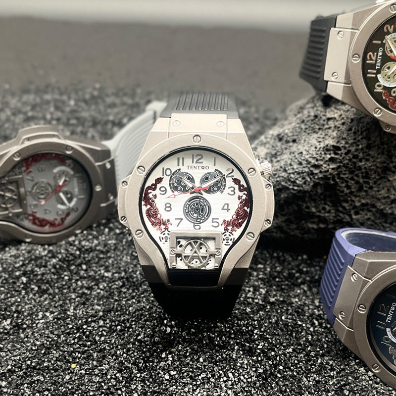 Men’s 46mm Dual Display Quartz Watch – Tonneau Dial Silicone Casual Sport Wristwatch – Multi-Color