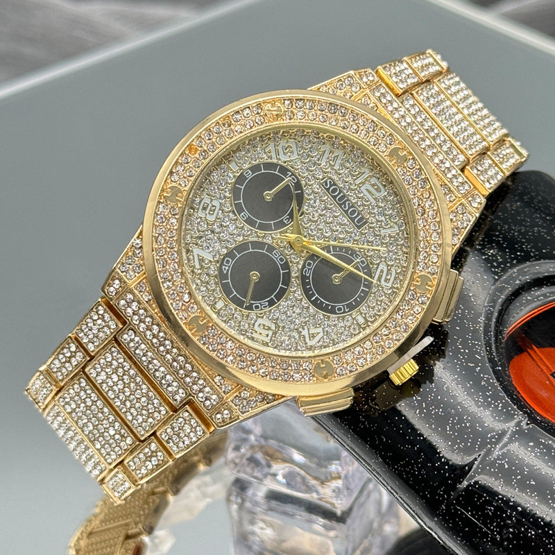 Gold Iced-Out Decorative Quartz Watch – 37mm Round Dial