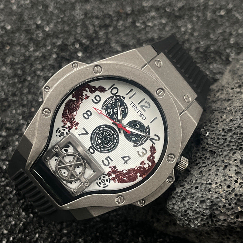 Men’s 46mm Dual Display Quartz Watch – Tonneau Dial Silicone Casual Sport Wristwatch – Multi-Color