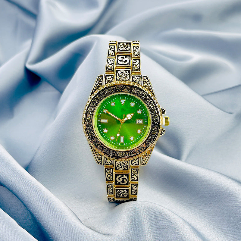 Vintage Gold Engraved Quartz Watch with Date – 43mm Men’s Watch