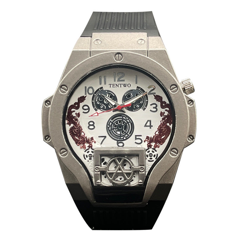 Men’s 46mm Dual Display Quartz Watch – Tonneau Dial Silicone Casual Sport Wristwatch – Multi-Color