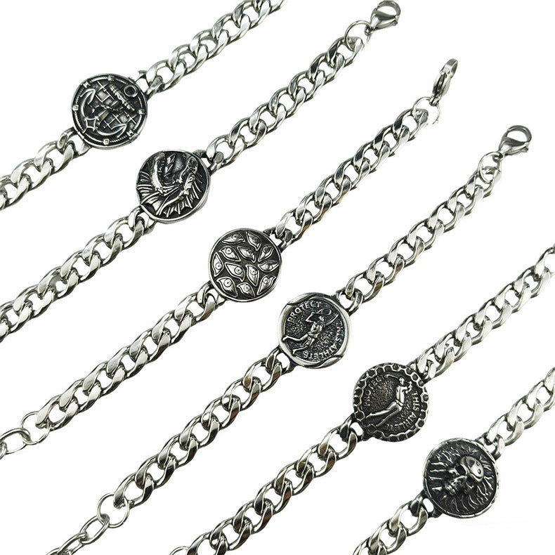 Hip-Hop Stainless Steel Retro Punk Skull Dragon Pattern Round Plate Sports Men's Bracelet Accessories Wholesale