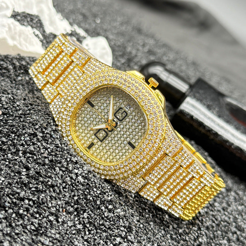 Gold Iced-Out Square Quartz Couple Watch with Date – 38mm