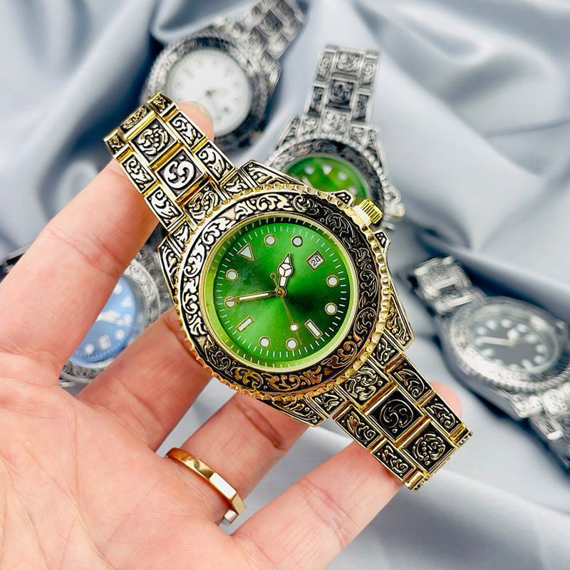 Vintage Gold Engraved Quartz Watch with Date – 43mm Men’s Watch