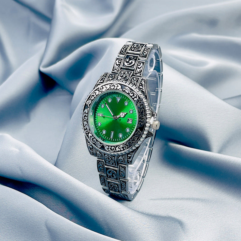 Vintage Gold Engraved Quartz Watch with Date – 43mm Men’s Watch