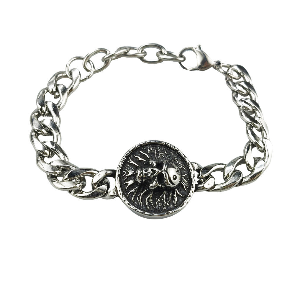 Hip-Hop Stainless Steel Retro Punk Skull Dragon Pattern Round Plate Sports Men's Bracelet Accessories Wholesale