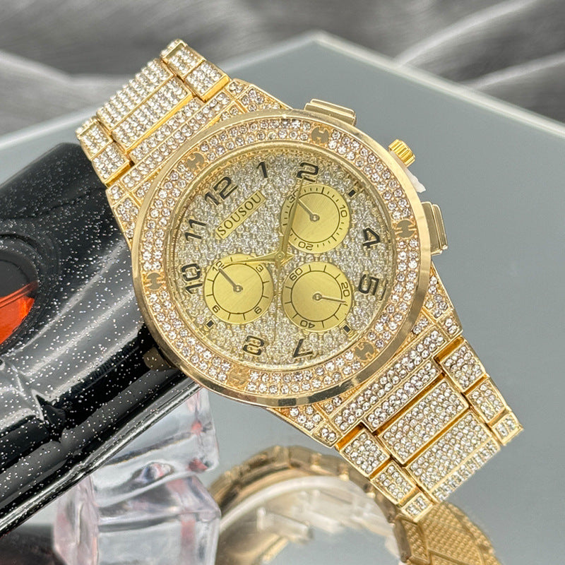 Gold Iced-Out Decorative Quartz Watch – 37mm Round Dial