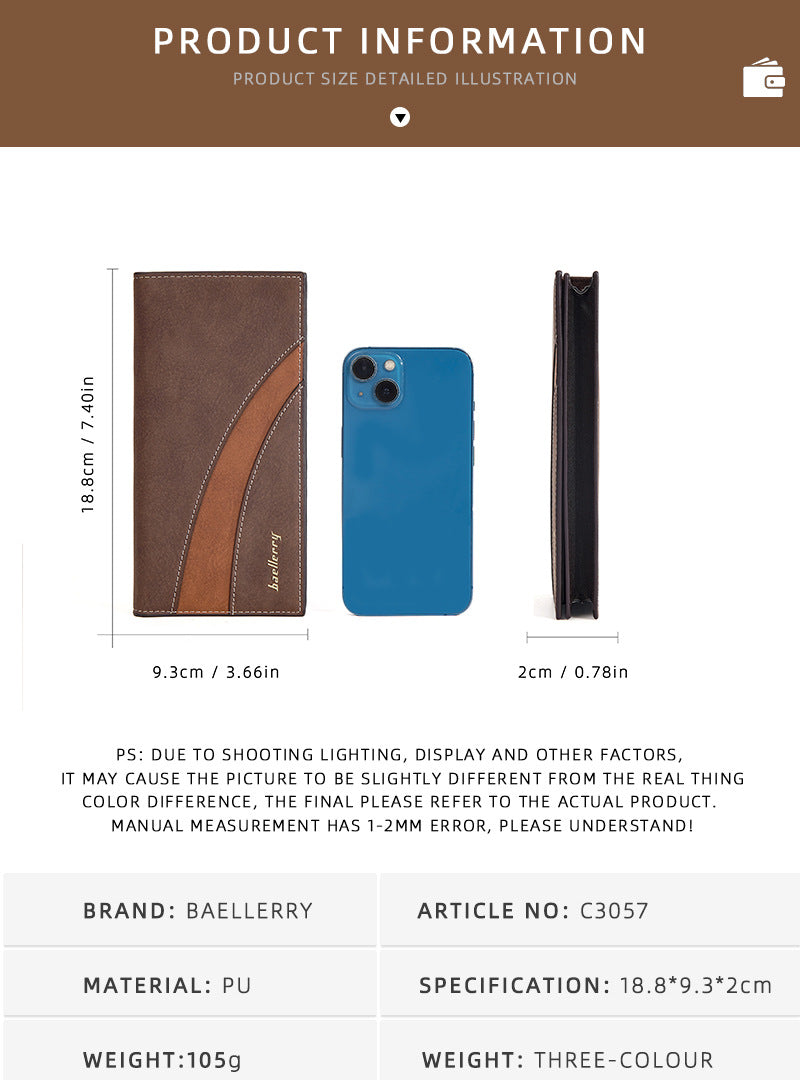 BAELLERRY Men’s Long Wallet｜Large Capacity Card Holder｜RFID Blocking｜Fast Shipping from Spain Warehouse