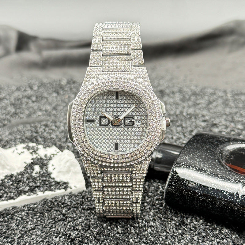 Gold Iced-Out Square Quartz Couple Watch with Date – 38mm