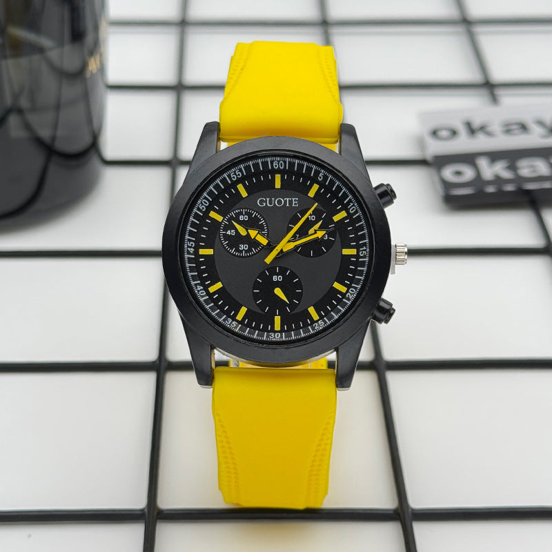 Sport Style Black & Yellow Quartz Watch with Silicone Strap – 42mm