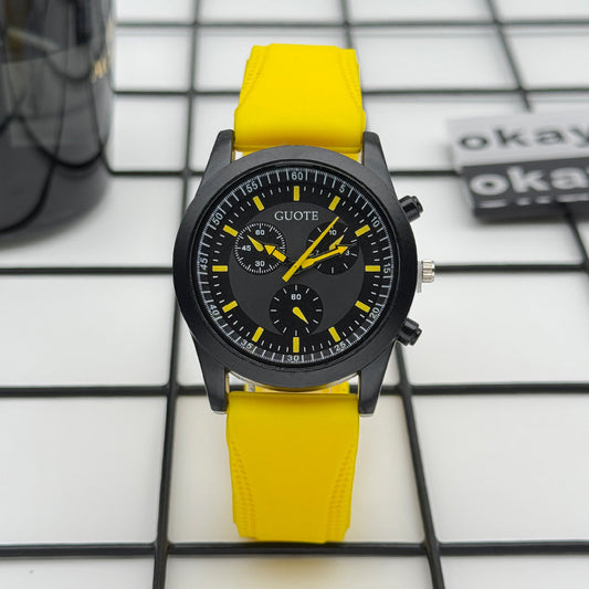 Sport Style Black & Yellow Quartz Watch with Silicone Strap – 42mm