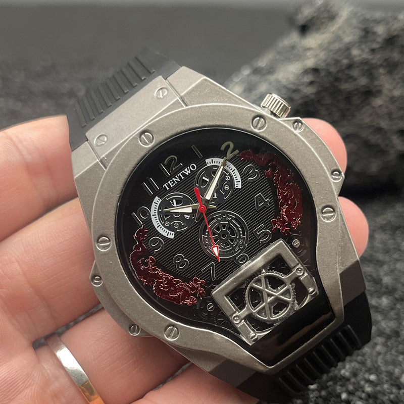 Men’s 46mm Dual Display Quartz Watch – Tonneau Dial Silicone Casual Sport Wristwatch – Multi-Color