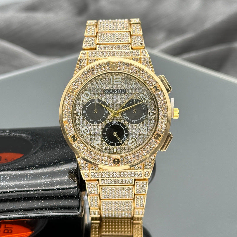 Gold Iced-Out Decorative Quartz Watch – 37mm Round Dial