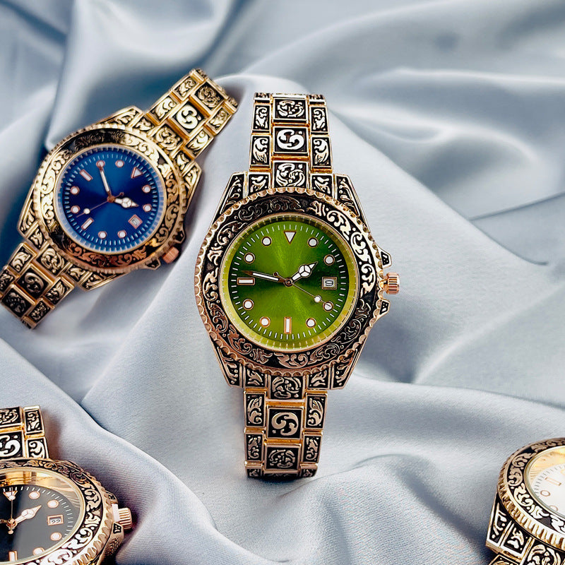 Vintage Gold Engraved Quartz Watch with Date – 43mm Men’s Watch