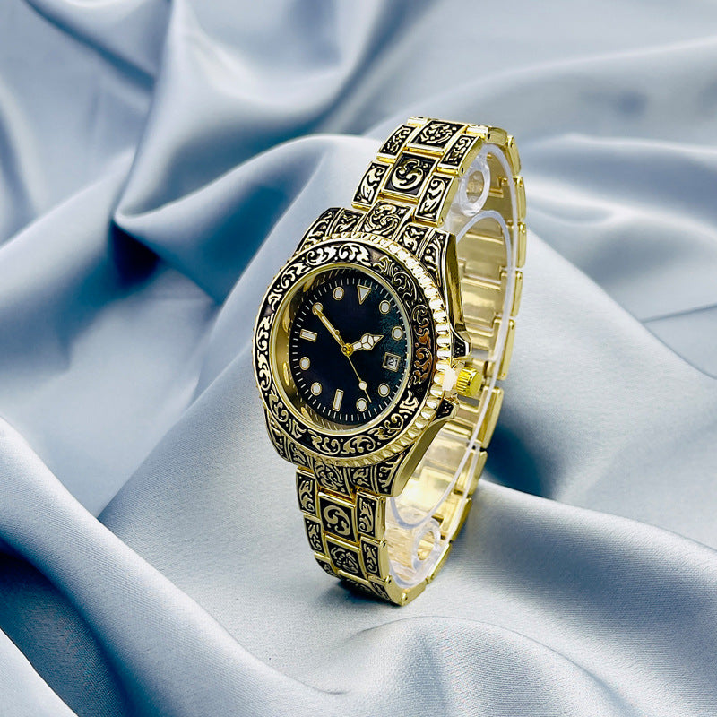 Vintage Gold Engraved Quartz Watch with Date – 43mm Men’s Watch