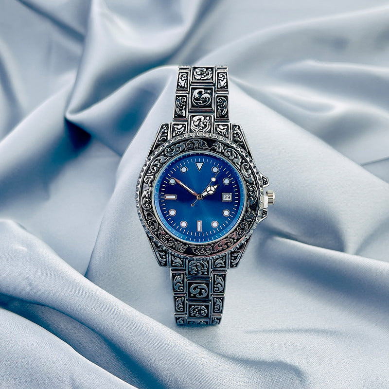 Vintage Gold Engraved Quartz Watch with Date – 43mm Men’s Watch