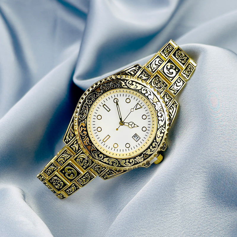 Vintage Gold Engraved Quartz Watch with Date – 43mm Men’s Watch