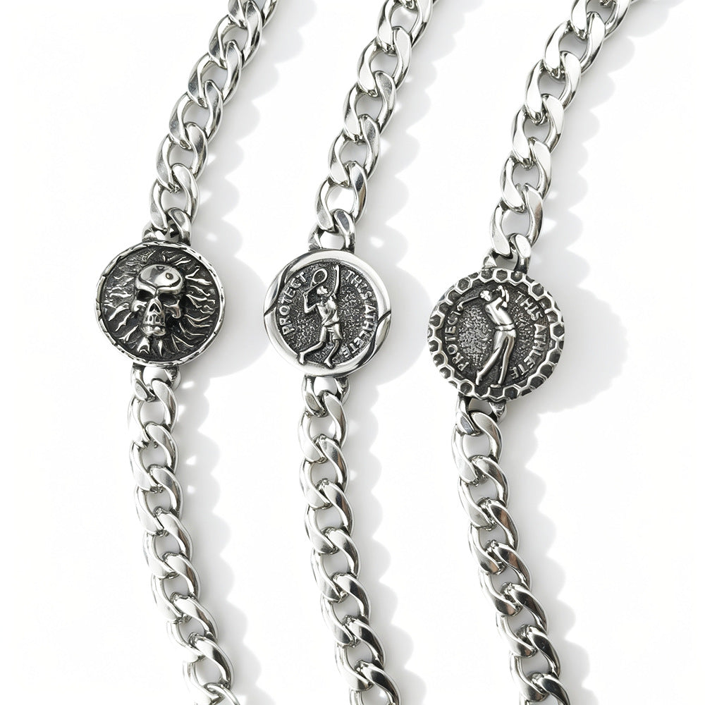 Hip-Hop Stainless Steel Retro Punk Skull Dragon Pattern Round Plate Sports Men's Bracelet Accessories Wholesale