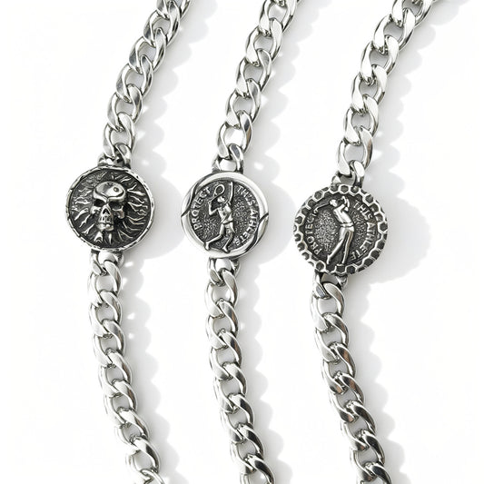 Hip-Hop Stainless Steel Retro Punk Skull Dragon Pattern Round Plate Sports Men's Bracelet Accessories Wholesale