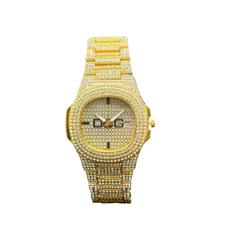 Gold Iced-Out Square Quartz Couple Watch with Date – 38mm