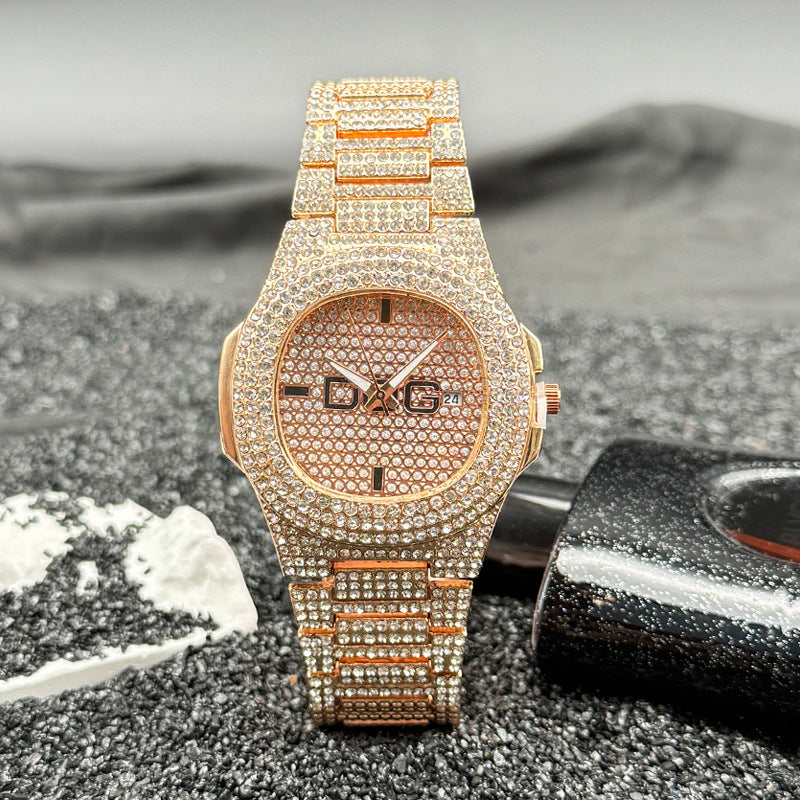 Gold Iced-Out Square Quartz Couple Watch with Date – 38mm