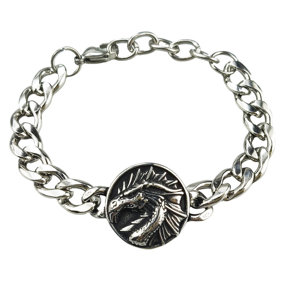 Hip-Hop Stainless Steel Retro Punk Skull Dragon Pattern Round Plate Sports Men's Bracelet Accessories Wholesale