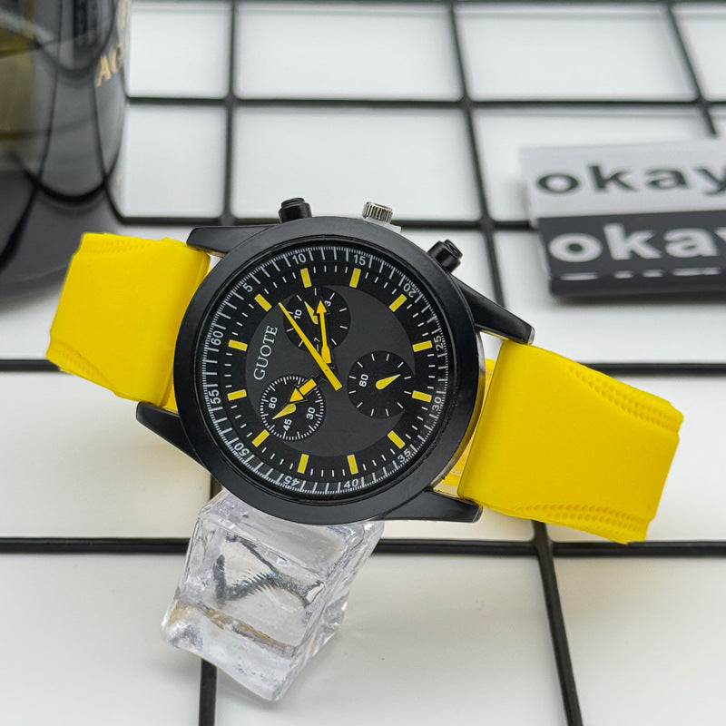 Sport Style Black & Yellow Quartz Watch with Silicone Strap – 42mm