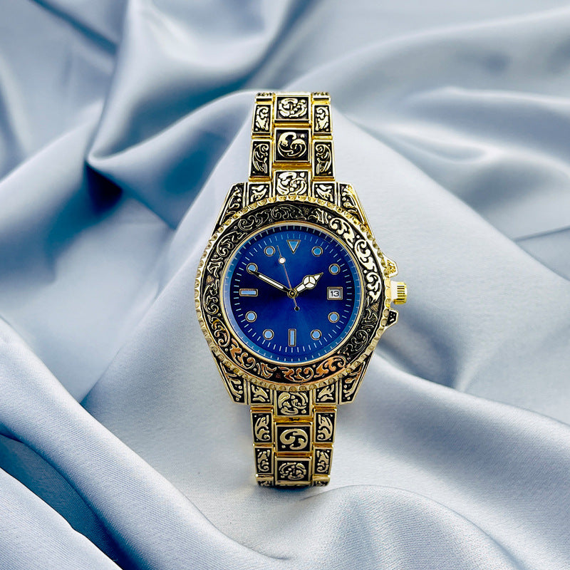 Vintage Gold Engraved Quartz Watch with Date – 43mm Men’s Watch