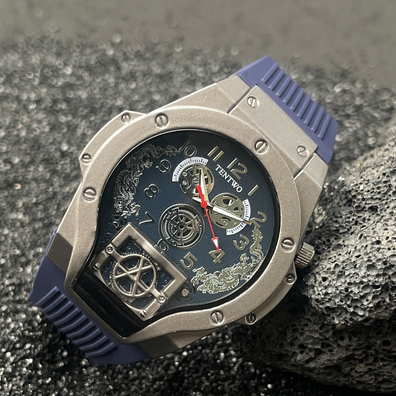 Men’s 46mm Dual Display Quartz Watch – Tonneau Dial Silicone Casual Sport Wristwatch – Multi-Color