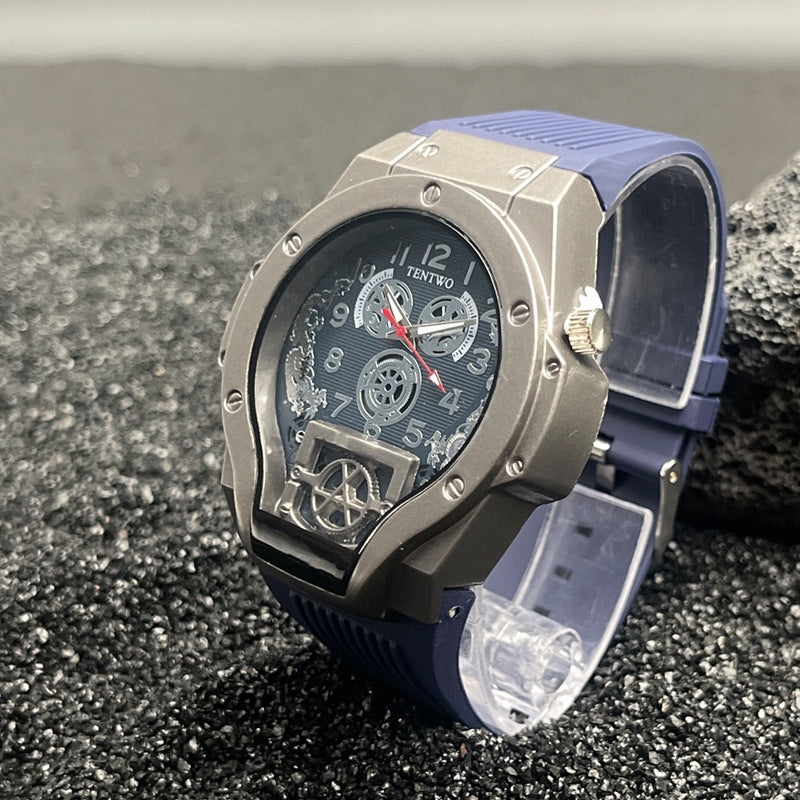 Men’s 46mm Dual Display Quartz Watch – Tonneau Dial Silicone Casual Sport Wristwatch – Multi-Color