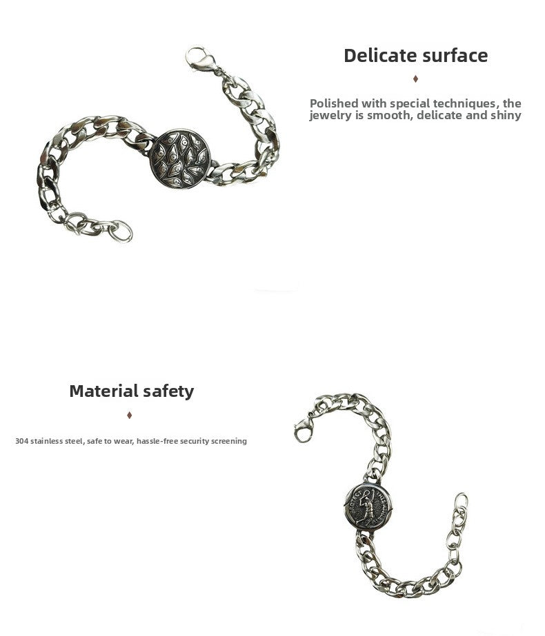 Hip-Hop Stainless Steel Retro Punk Skull Dragon Pattern Round Plate Sports Men's Bracelet Accessories Wholesale