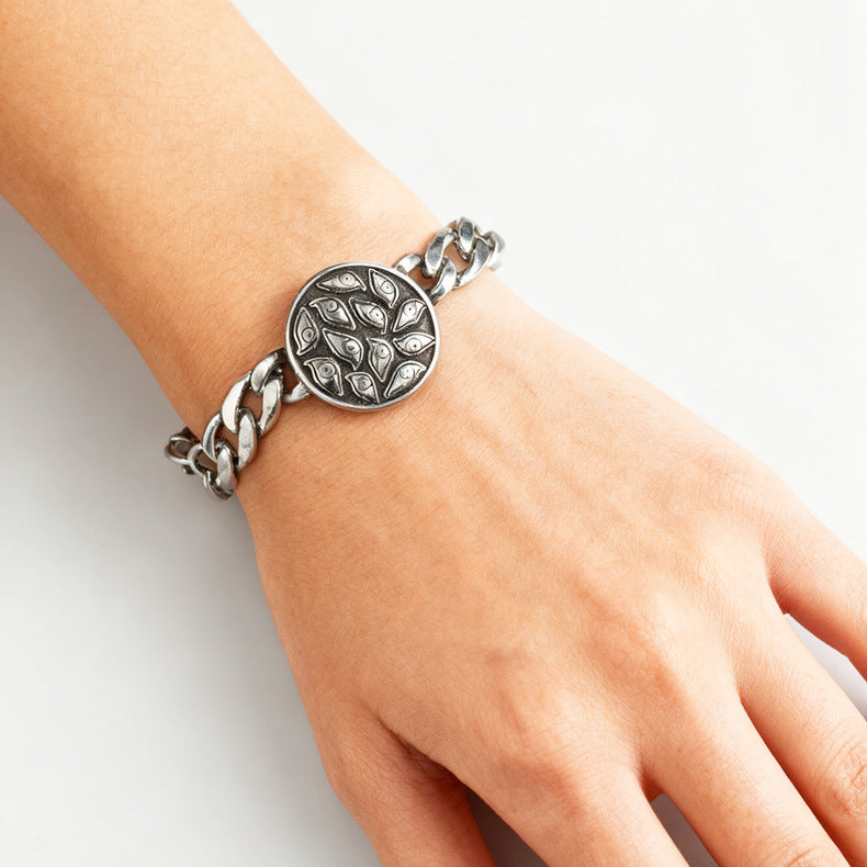 Hip-Hop Stainless Steel Retro Punk Skull Dragon Pattern Round Plate Sports Men's Bracelet Accessories Wholesale