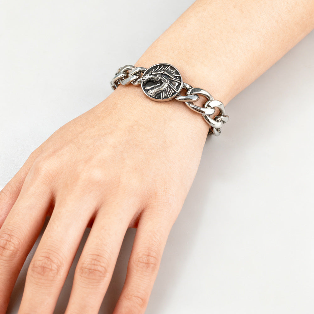 Hip-Hop Stainless Steel Retro Punk Skull Dragon Pattern Round Plate Sports Men's Bracelet Accessories Wholesale