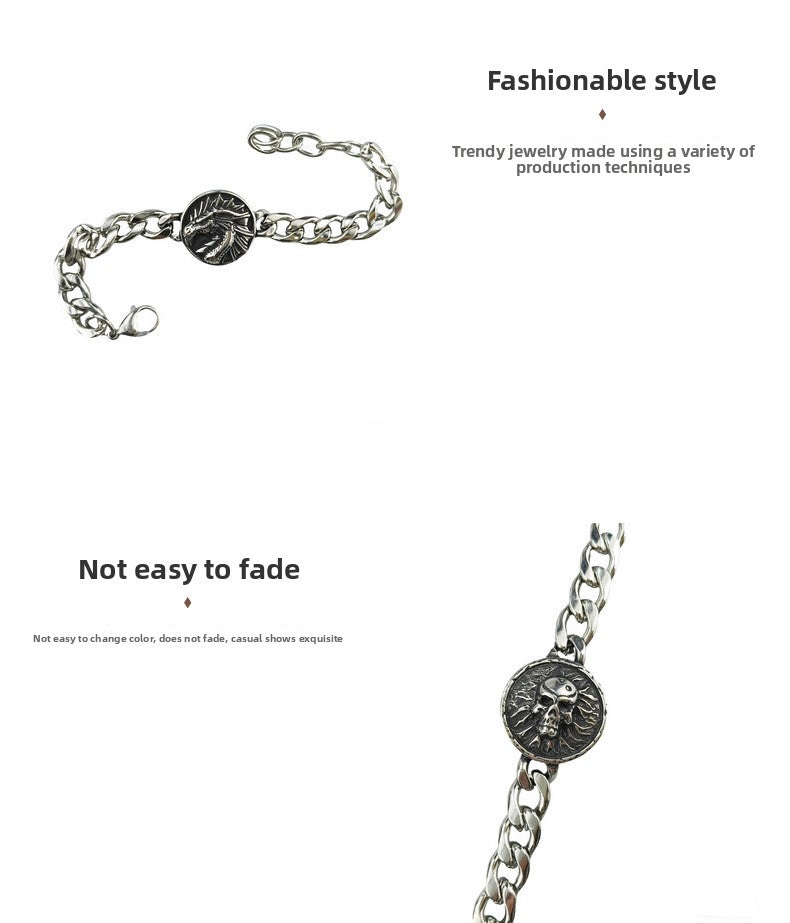 Hip-Hop Stainless Steel Retro Punk Skull Dragon Pattern Round Plate Sports Men's Bracelet Accessories Wholesale