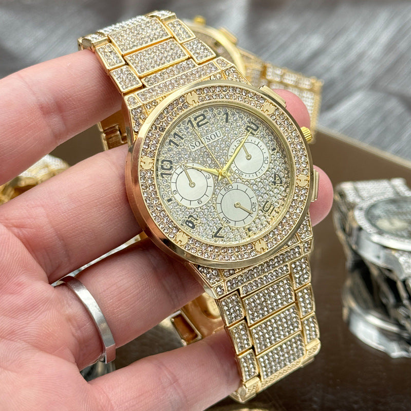 Gold Iced-Out Decorative Quartz Watch – 37mm Round Dial
