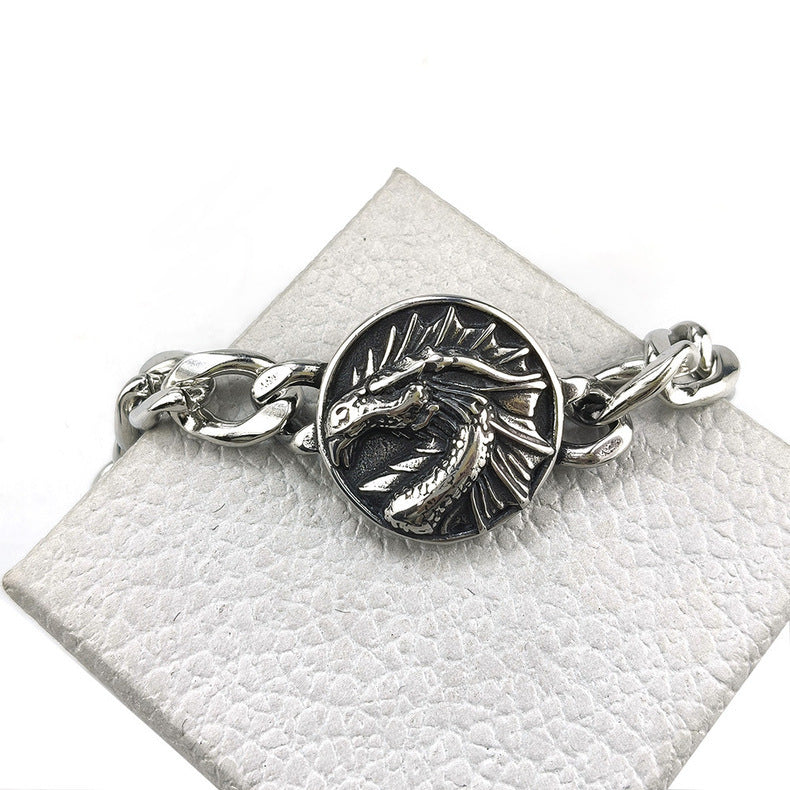 Hip-Hop Stainless Steel Retro Punk Skull Dragon Pattern Round Plate Sports Men's Bracelet Accessories Wholesale