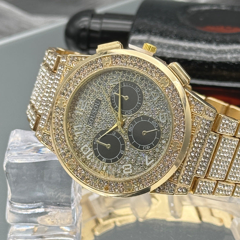 Gold Iced-Out Decorative Quartz Watch – 37mm Round Dial